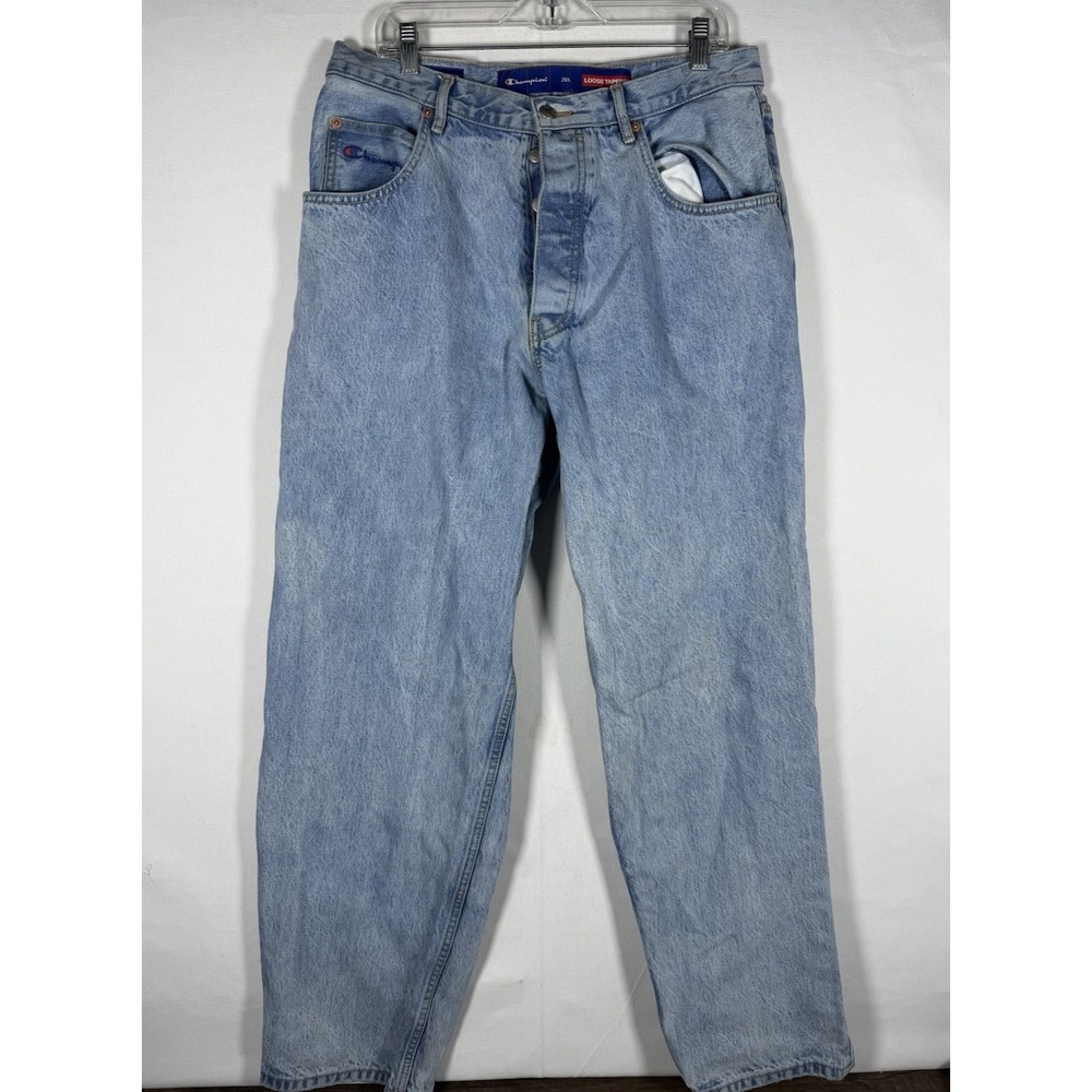 Zara x Champion Loose Tapered Jeans 32x32 Denim Blue Y2K Embroidered Light Wash